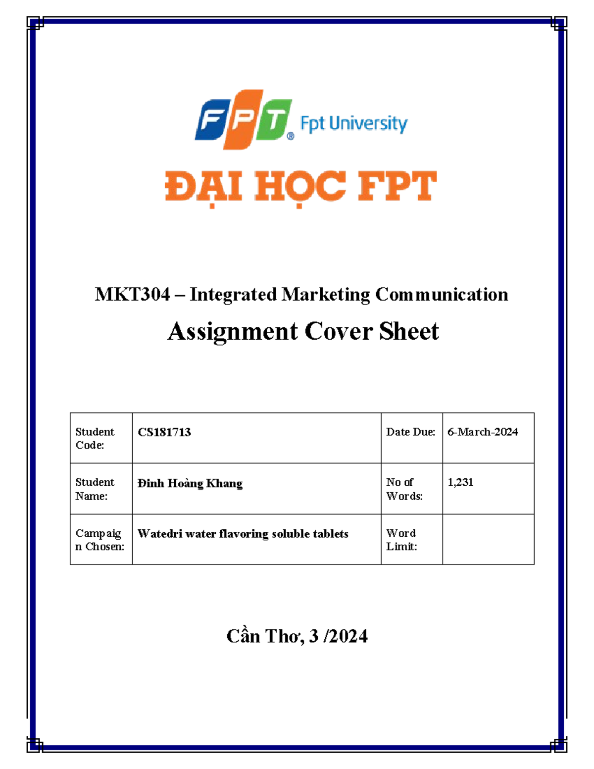 Đinh Hoàng Khang CS181713 BA1801 IA MKT304 - MKT304 – Integrated ...