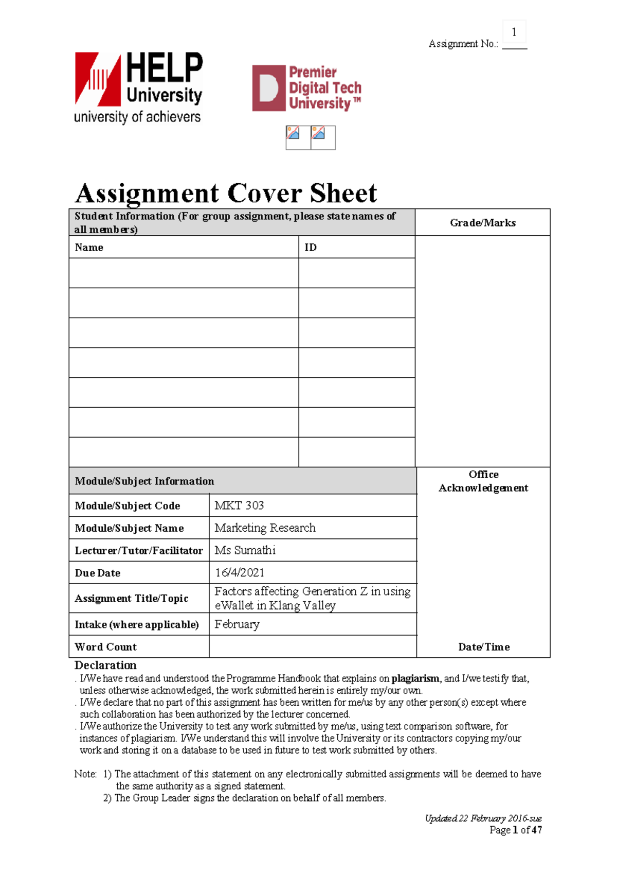 Sample-Assignment-3 - Assignment No.: _____ Assignment Cover Sheet ...