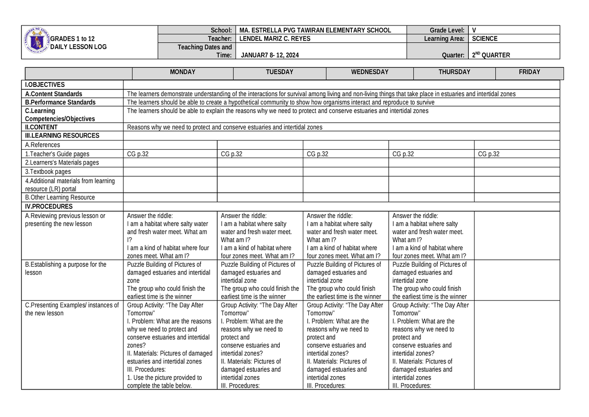 DLL Science 5 Q2 W9 - daily lesson log - GRADES 1 to 12 DAILY LESSON ...