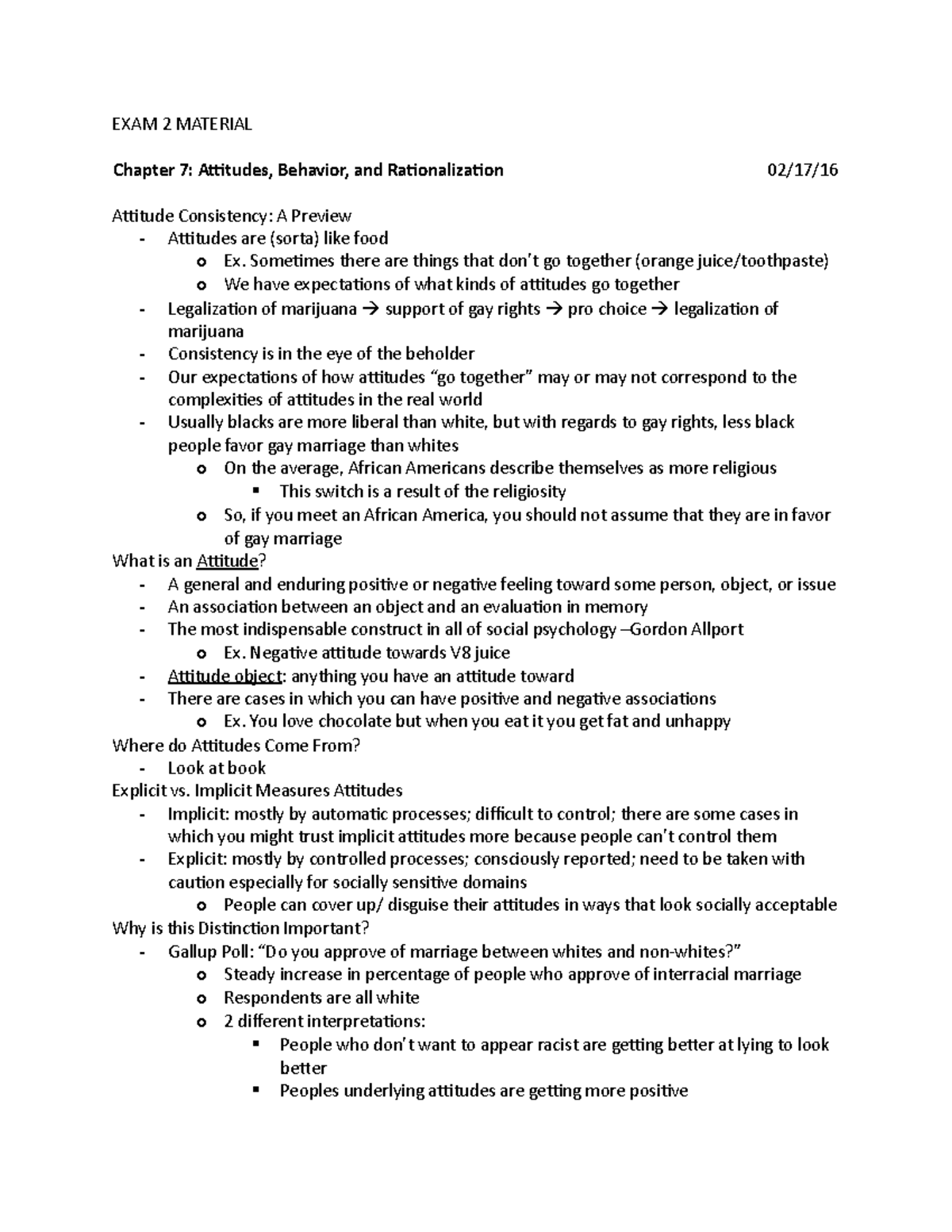 Exam 2 Material - EXAM 2 MATERIAL Chapter 7: Attitudes, Behavior, and ...