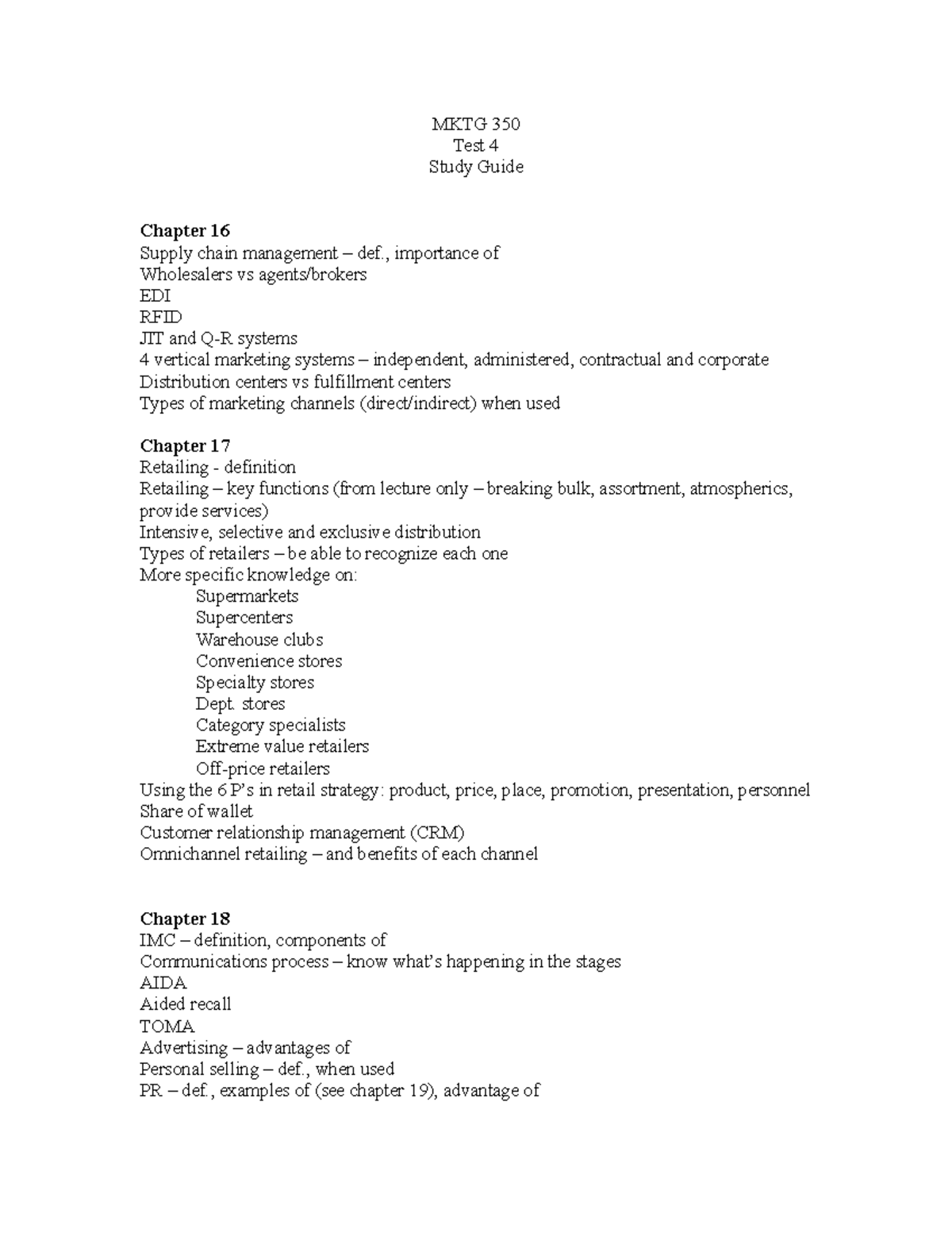 Test 4 study guide - exam 4 - MKTG 350 Test 4 Study Guide Chapter 16 ...