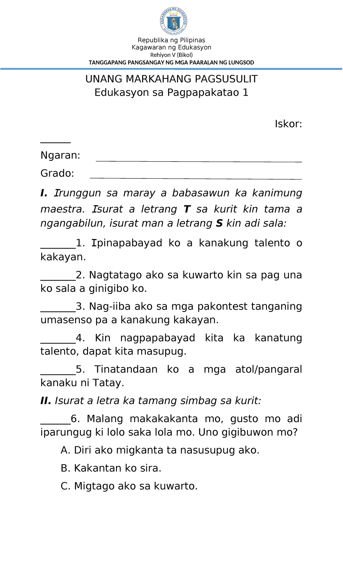 ESP 1 - fantastic - Kagawaran ng Edukasyon Rehiyon V (Bikol) TANGGAPANG ...