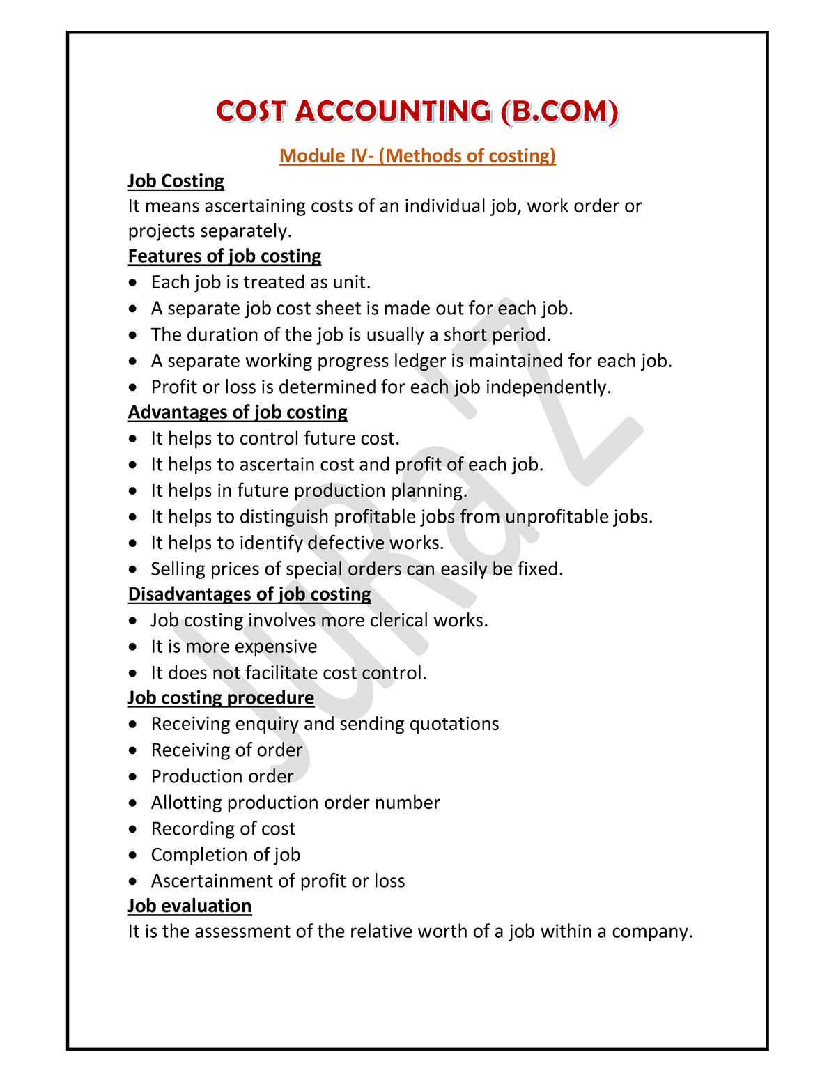 Cost Accounting- Bcom- Module IV - Module IV- (Methods Of Costing) Job ...