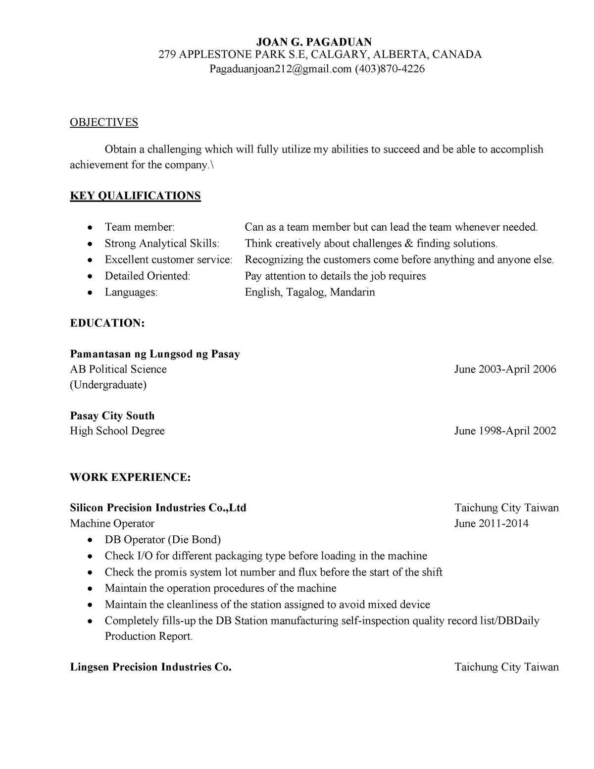 JOAN G. Resume 0 - lecture only - JOAN G. PAGADUAN 279 APPLESTONE PARK ...