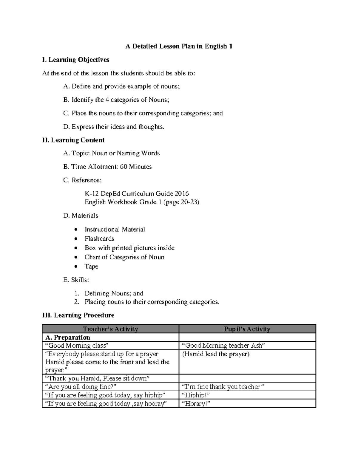 Lesson Plan Sample In English Grade 3