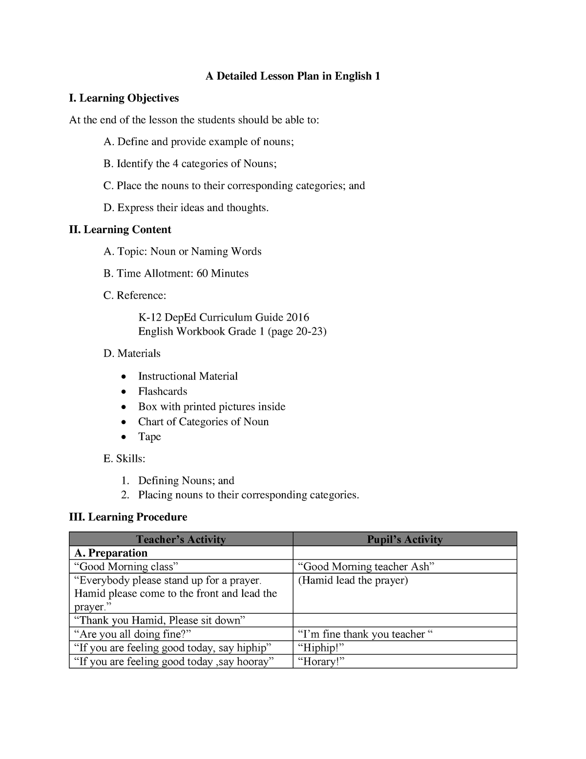 Detailed Lesson Plan In English Grade 1 A Detailed Lesson Plan In 