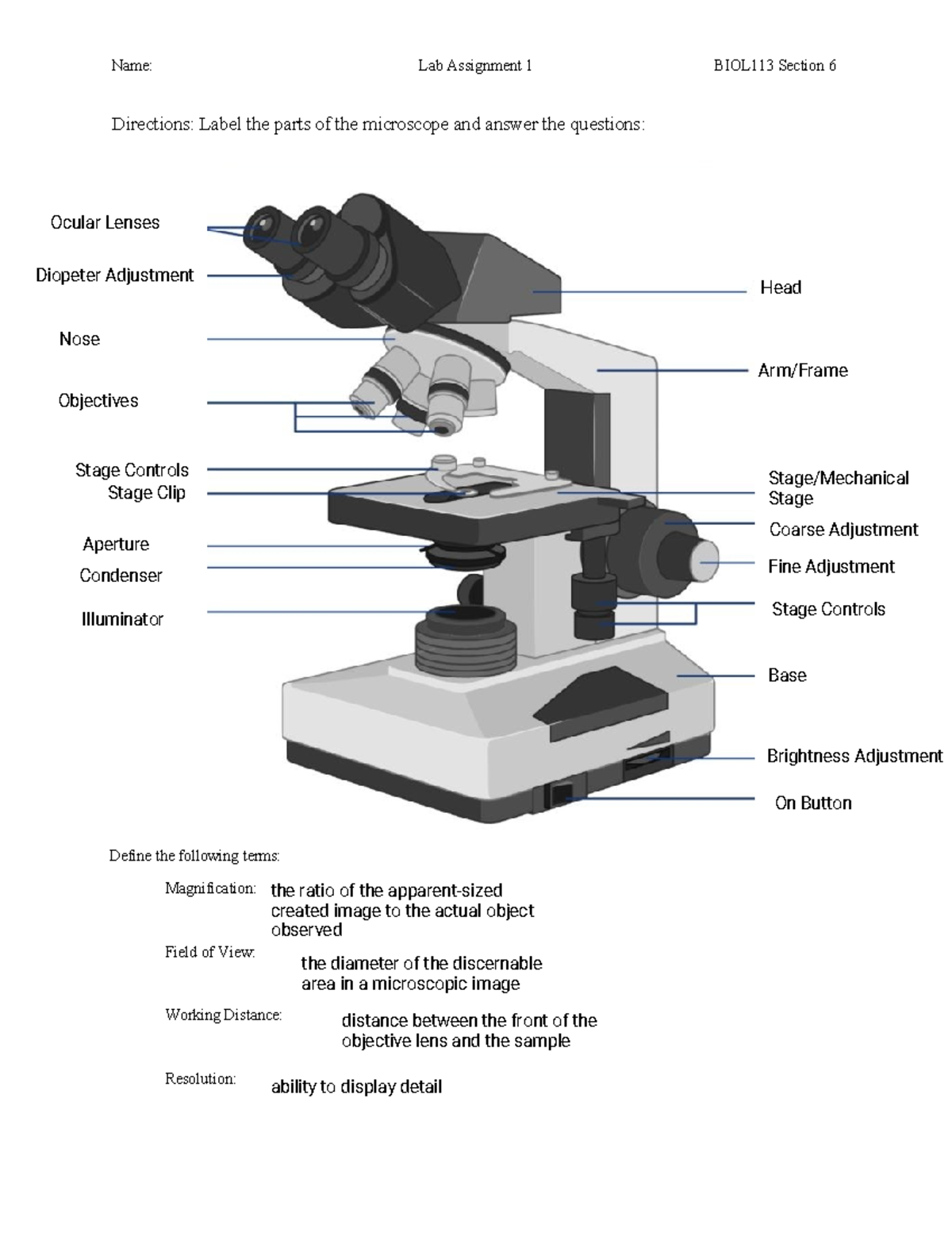 Lab1 Microscopy Assignment - Tagged - Name: Lab Assignment 1 BIOL113 ...