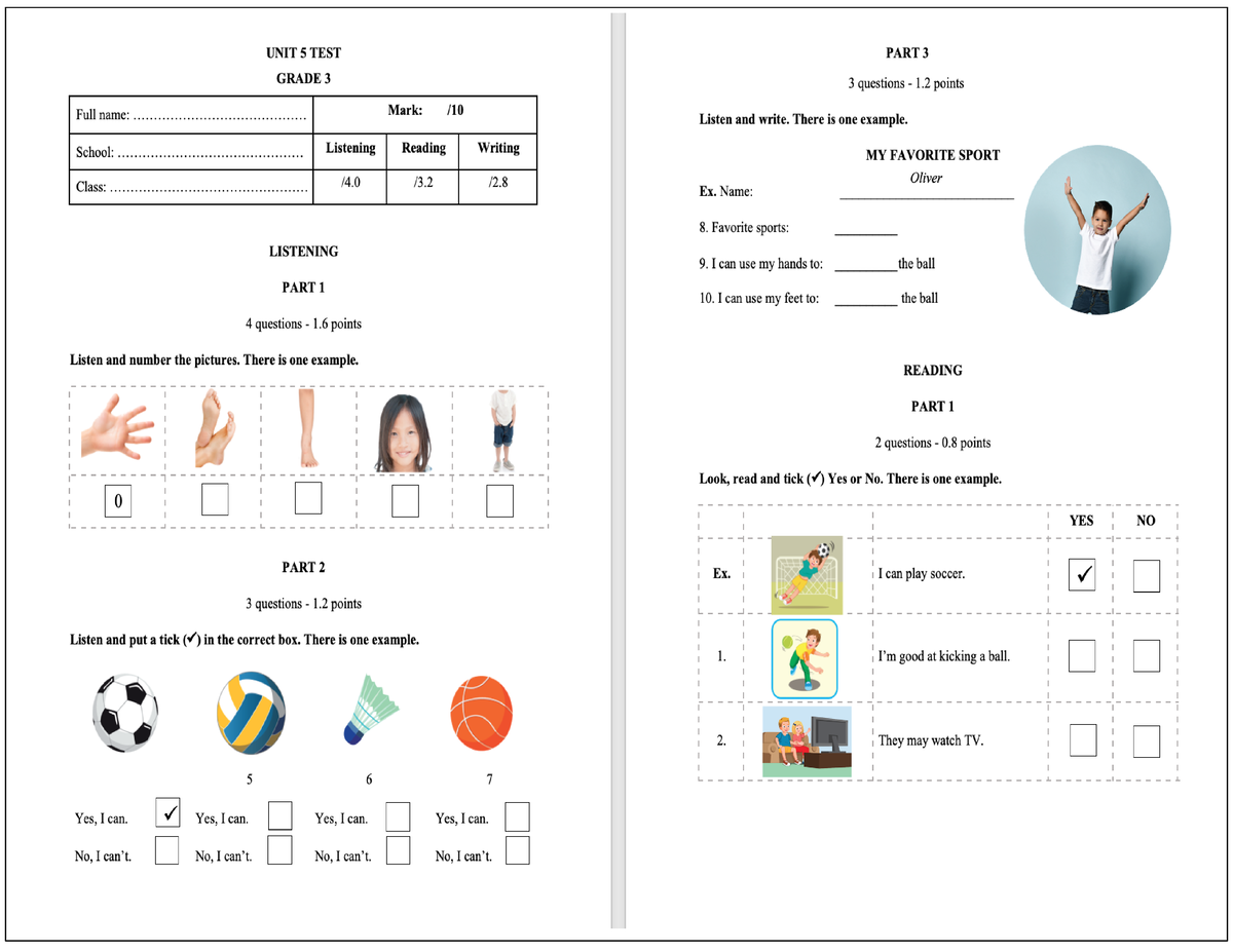 Lớp 3 Unit5 Test - Tiếng Anh 3 - English - Studocu