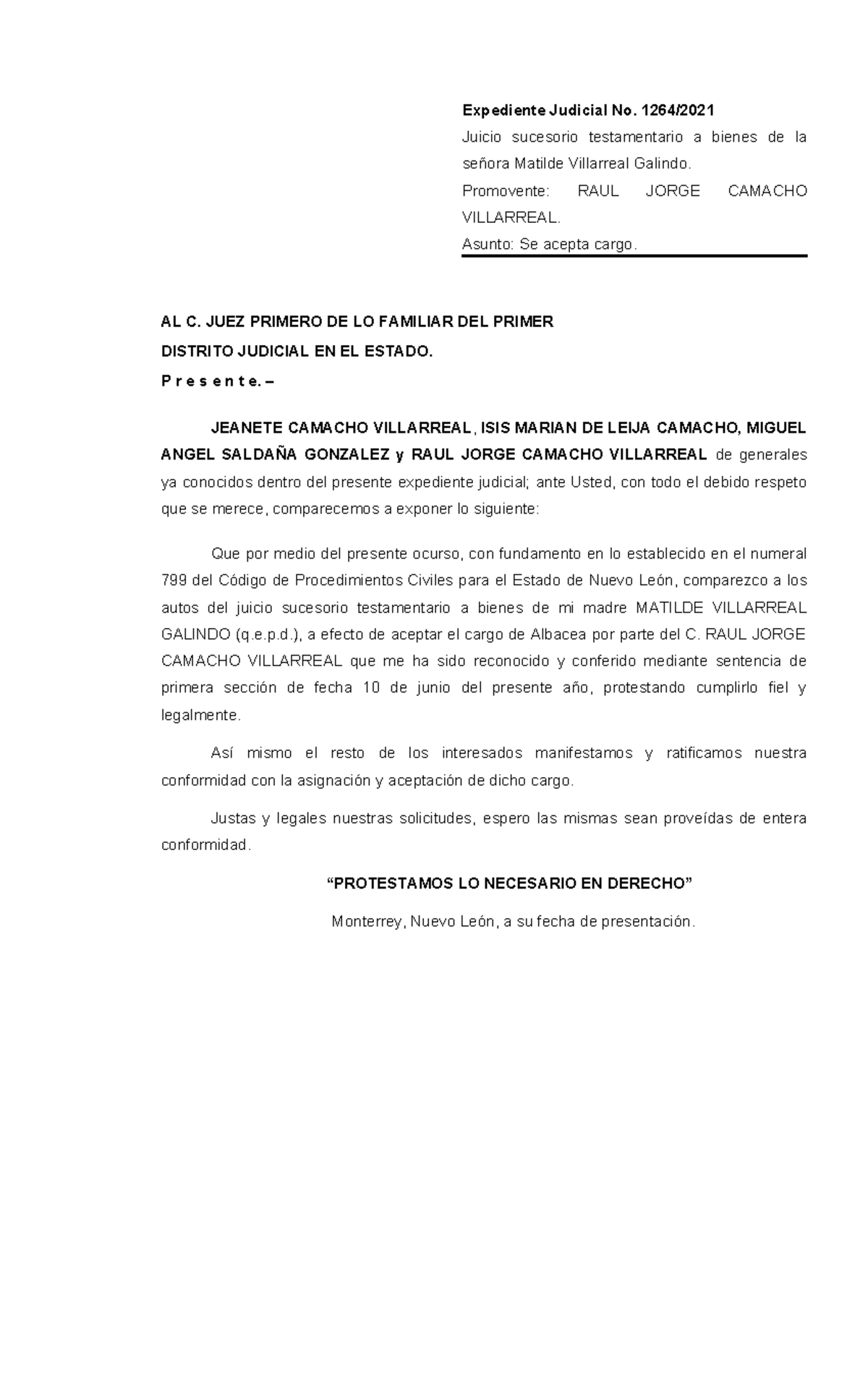 Acepta Cargo De Albacea Expediente Judicial No 1264 Juicio