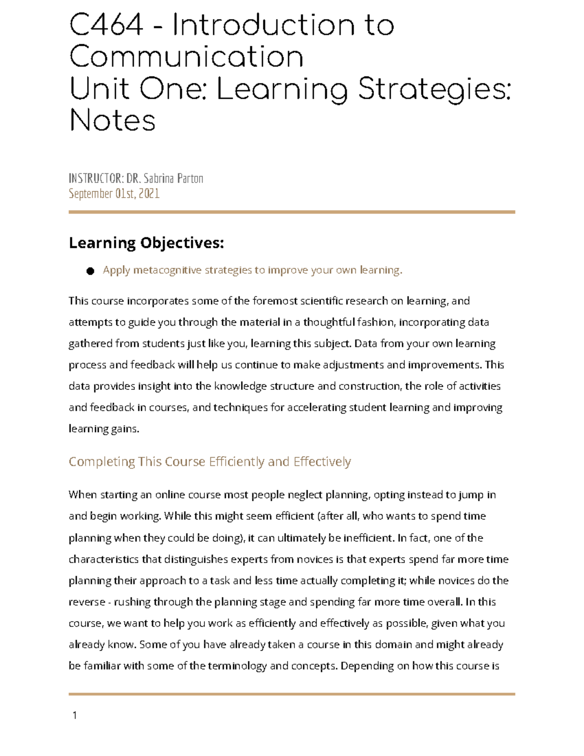 C464 - Introduction to Communication Unit One Strategy Class Notes ...