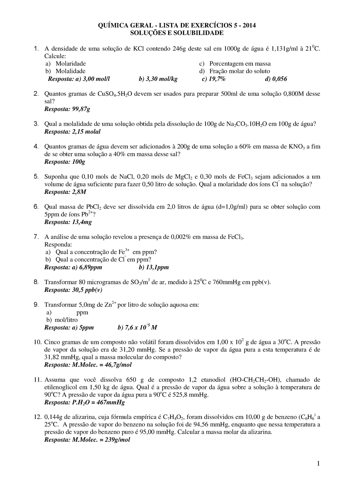 Qg Lista Unificada Qu Mica Geral Lista De Exerc Cios Solu Es E