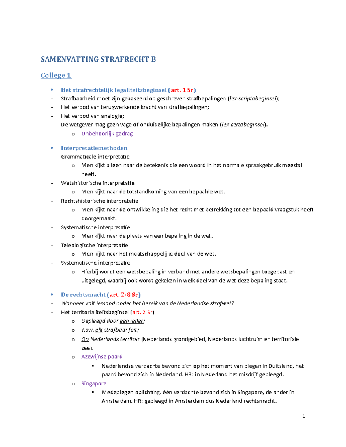 Samenvatting Strafrecht B - SAMENVATTING STRAFRECHT B College 1 Het ...