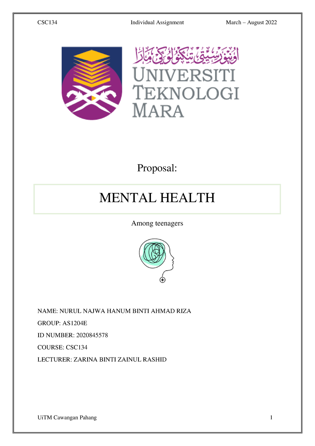 csc134 individual assignment mental health