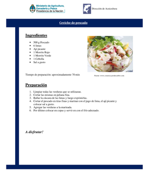 Ceviche de Pesacado - Dirección de Acuicultura Ceviche de pescado  Ingredientes 500 g Pescado 6 limas - Studocu