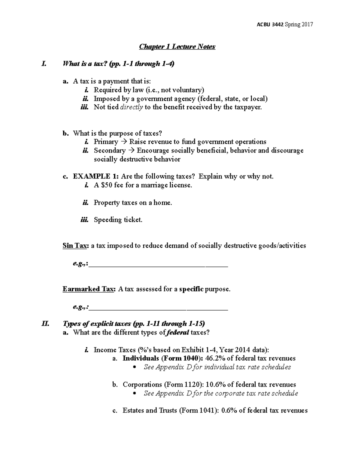 Chapter 1 Student Notes - Chapter 1 Lecture Notes I. What is a tax? (pp ...