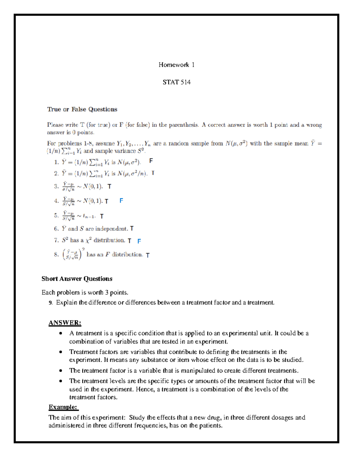 Homework 1 - Homework 1 STAT 514 Short Answer Questions Each problem is ...