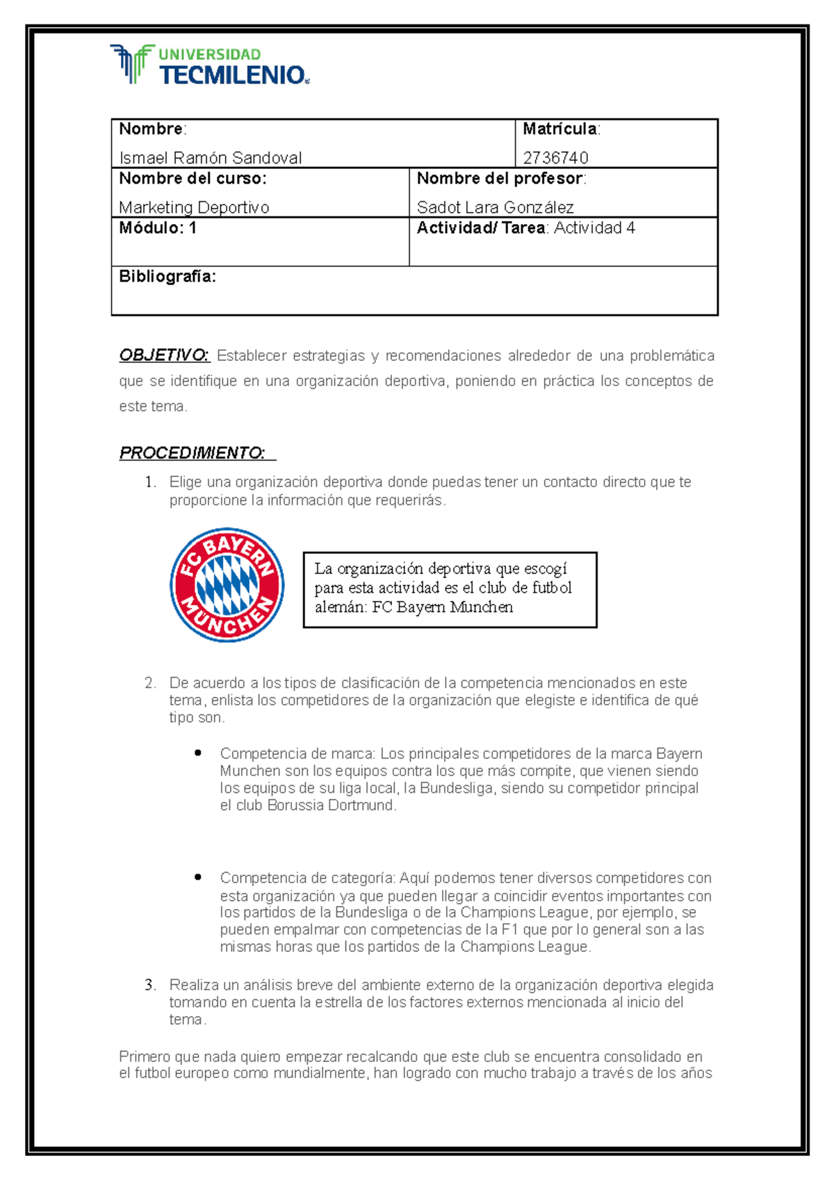 ACT 4 Marketing Deportivo - Nombre : Ismael Ramón Sandoval Matrícula ...