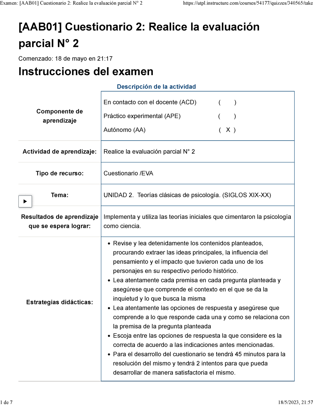 Examen [AAB01] Cuestionario 2 Realice La Evaluación Parcial N° 2 ...