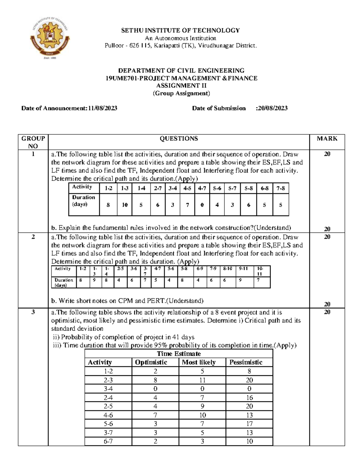 Assignment-2 - DEPARTMENT OF CIVIL ENGINEERING 19UME701-PROJECT ...