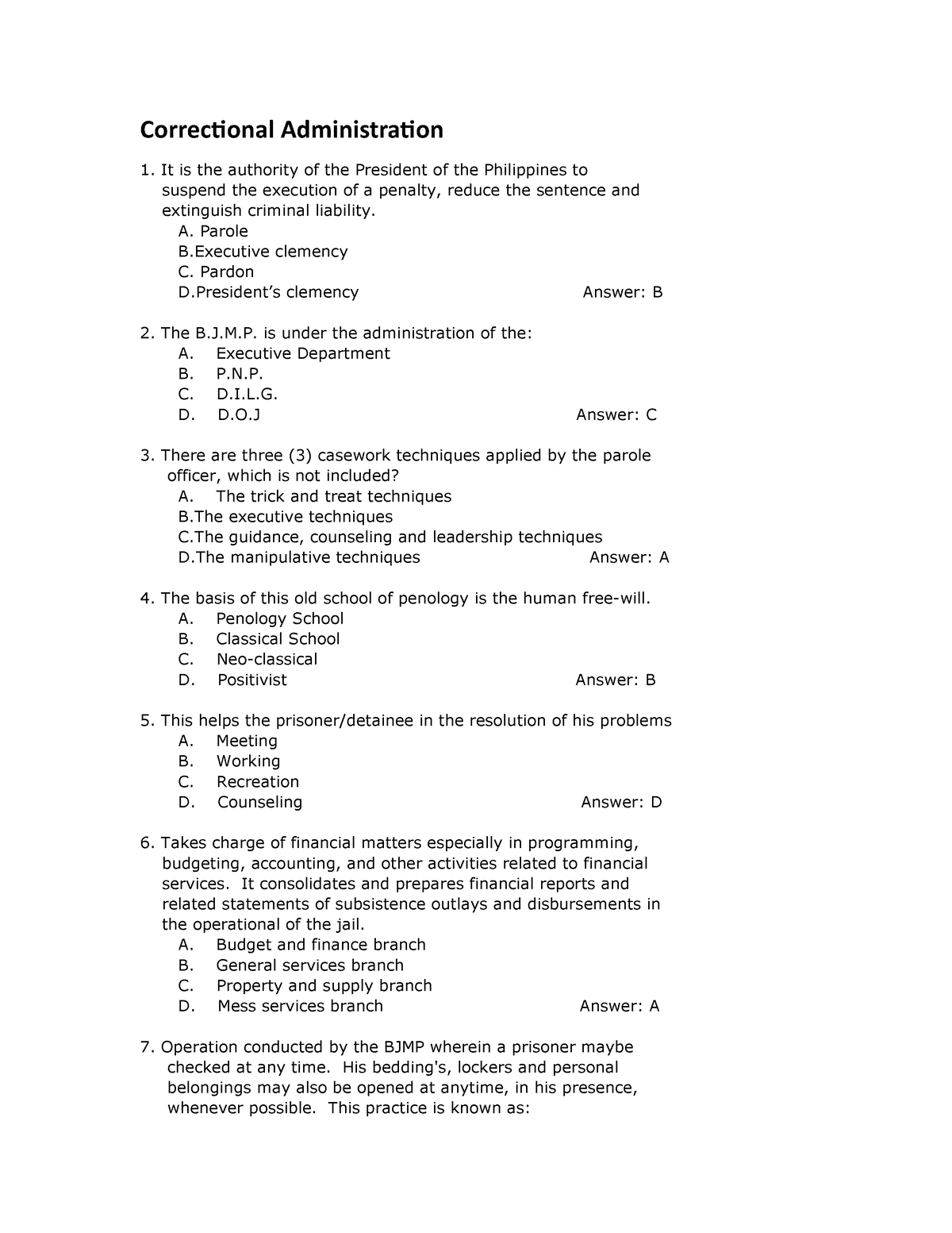 Correctional Administration - A. Parole B Clemency C. Pardon D’s ...