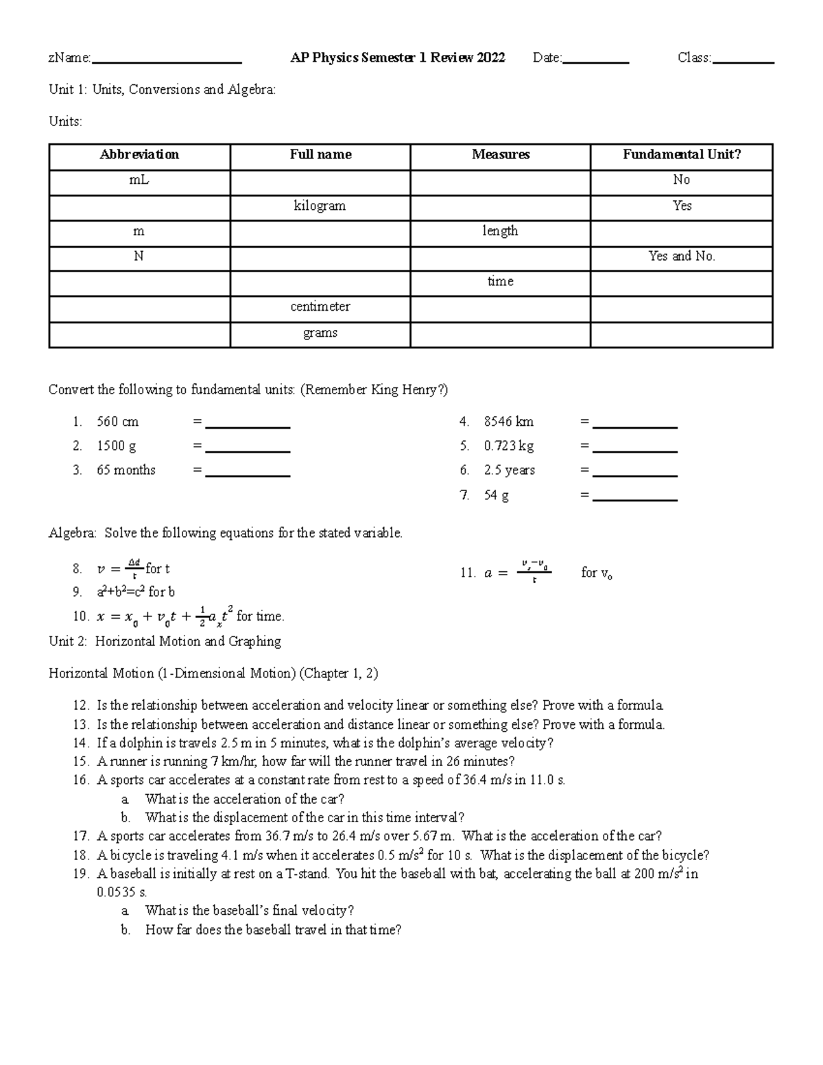 Physics Semester 1Review 2022 1 - zName: AP Physics Semester 1 Review ...