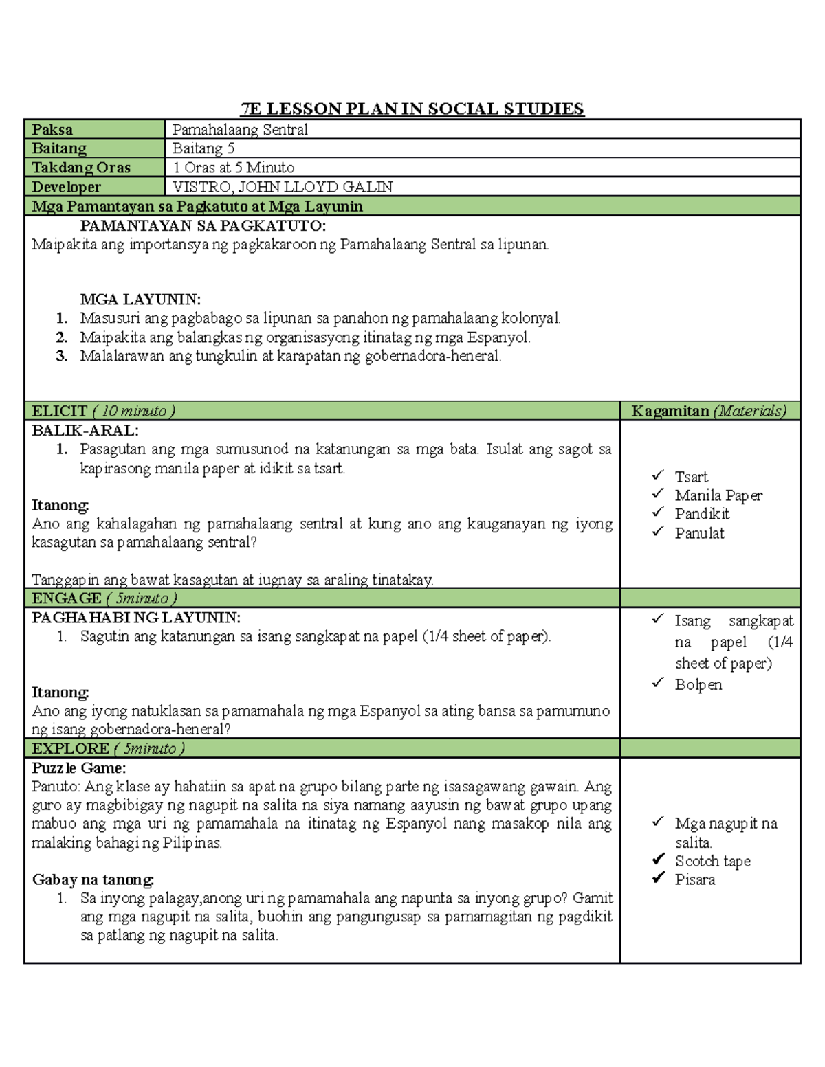 7E Lesson PLAN IN Social Studies 7E LESSON PLAN IN SOCIAL STUDIES 