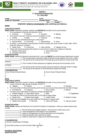 Mapeh 10 1st Quarter EXAM 2023-2024 - MAPEH 10 1 ST QUARTER EXAMINATION ...