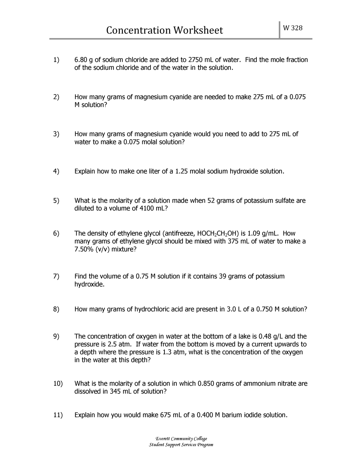 W21-concentration-worksheet - CHE 21.21 - Adv Chem Demos Inside Molarity Worksheet Answer Key