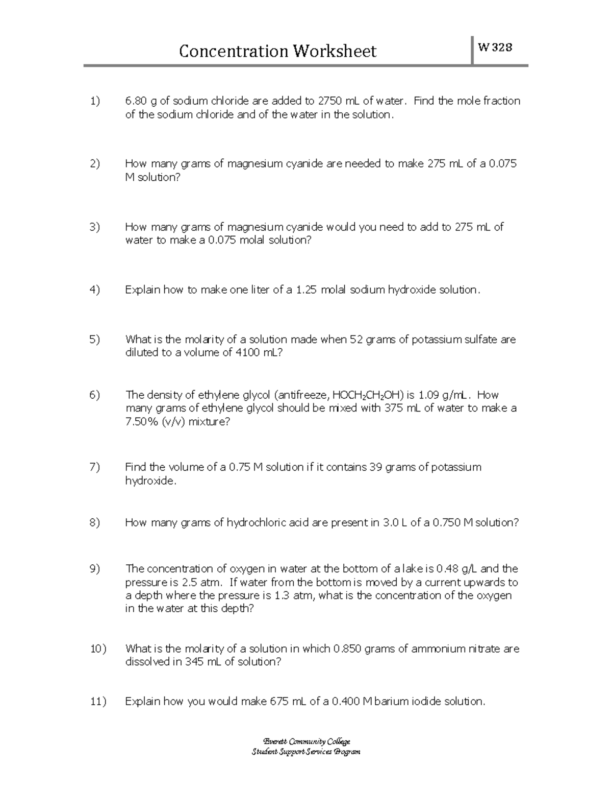 W328 concentration worksheet Concentration Worksheet W 328 Everett 