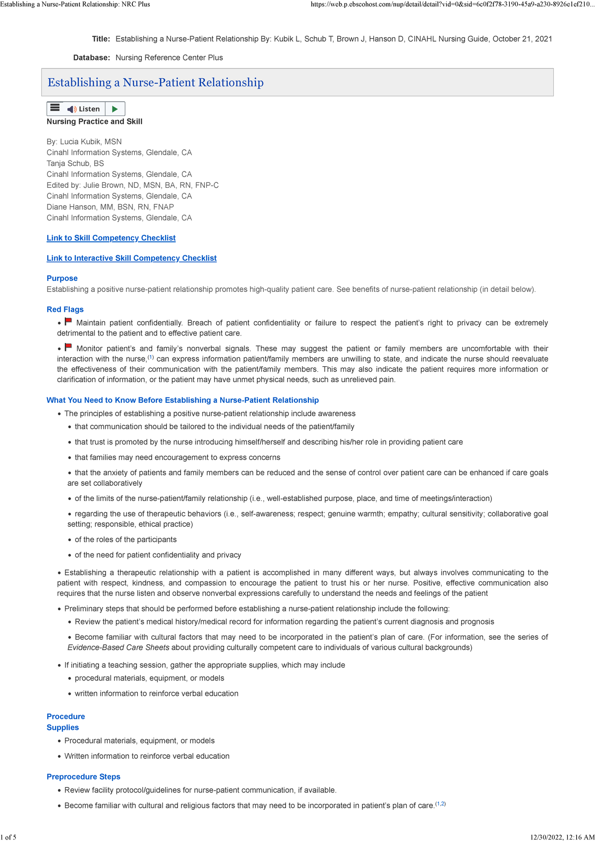 Establishing a Nurse-Patient Relationship NRC Plus - Title: Database ...
