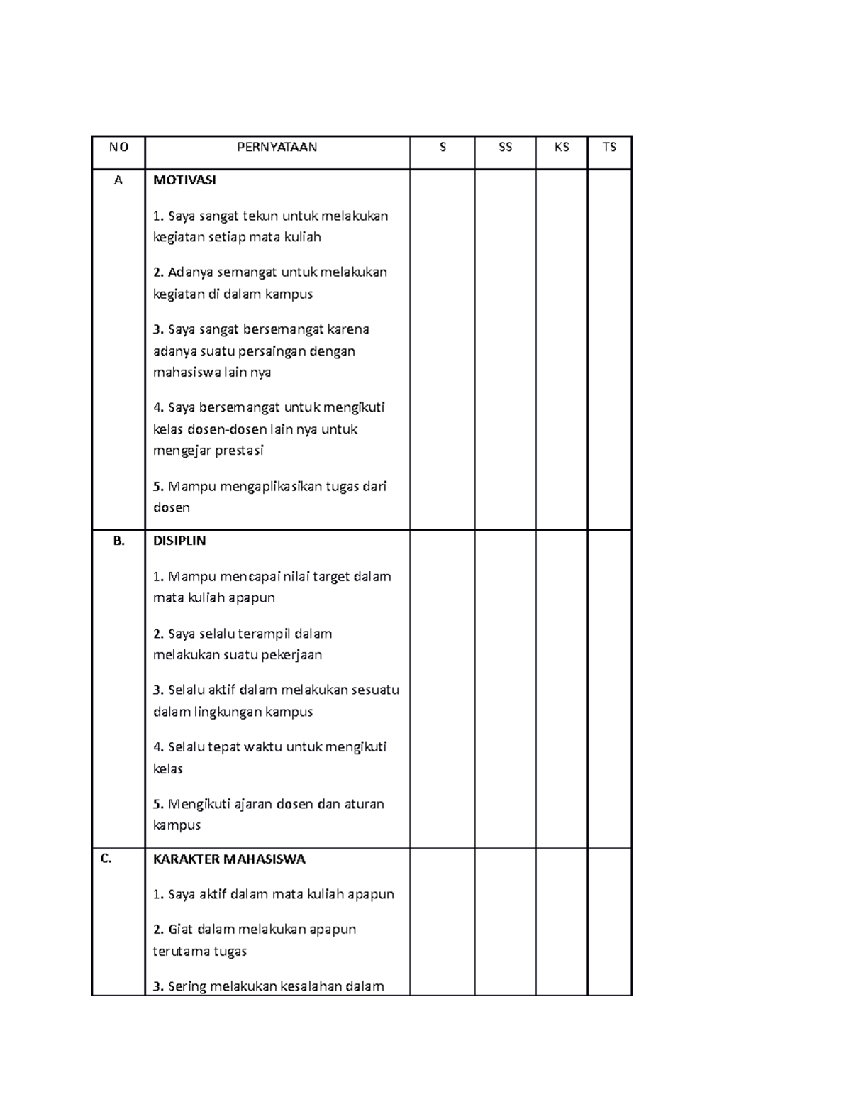 Kuesioner - Quisioner - No Pernyataan S Ss Ks Ts A Motivasi Saya Sangat 