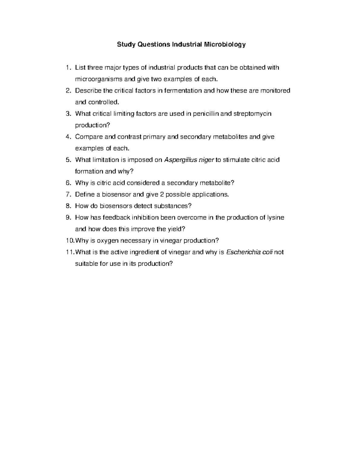 Industrial Microbiology Study Questions Study Questions Industrial