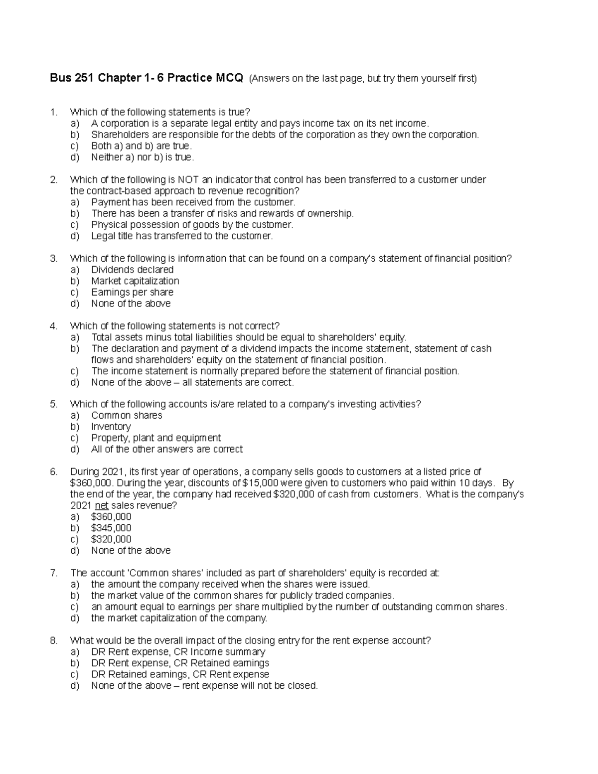 Practice Midterm MCQ (Chapters 1 - 6) - Bus 251 Chapter 1- 6 Practice ...