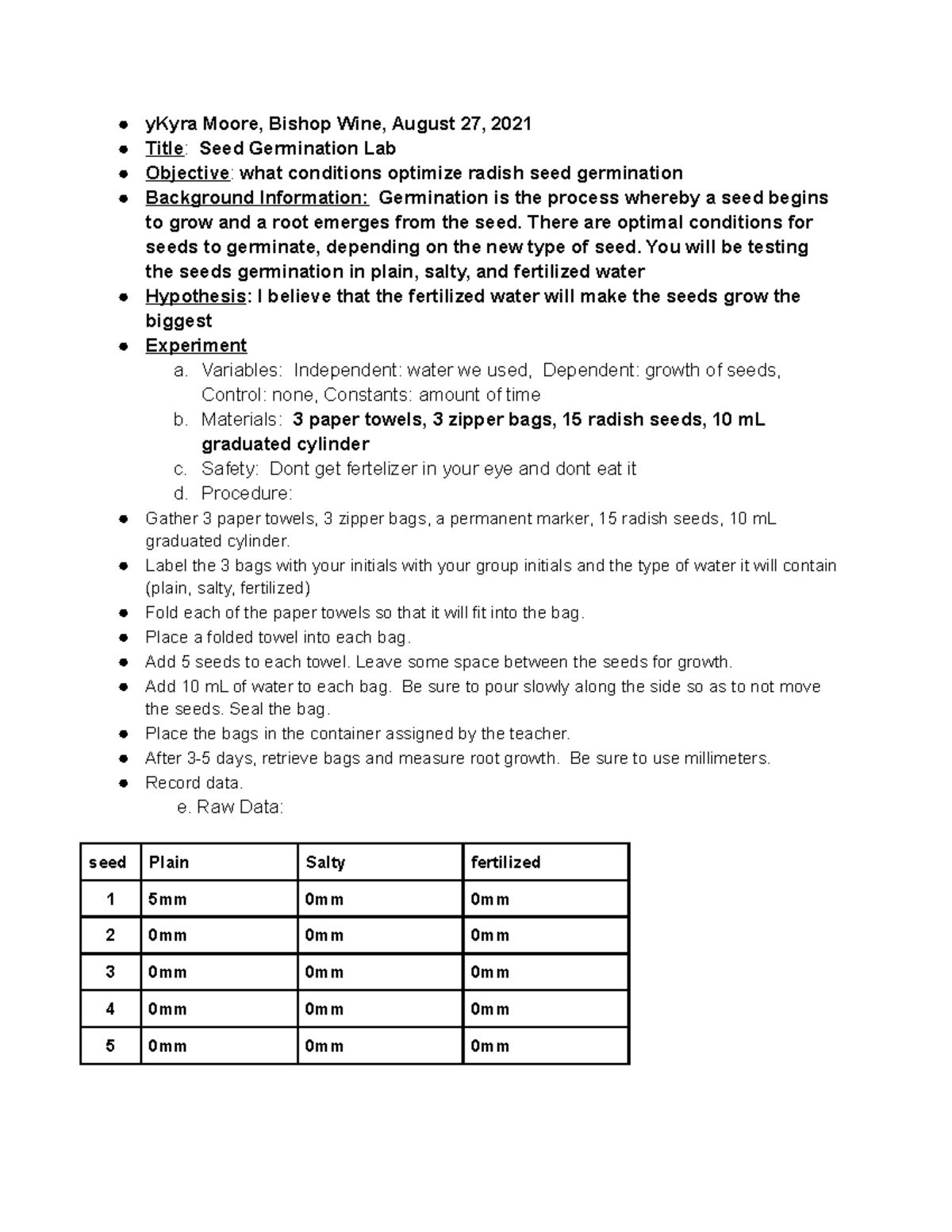 Seed Germination Lab Formal Write Up - yKyra Moore, Bishop Wine, August ...