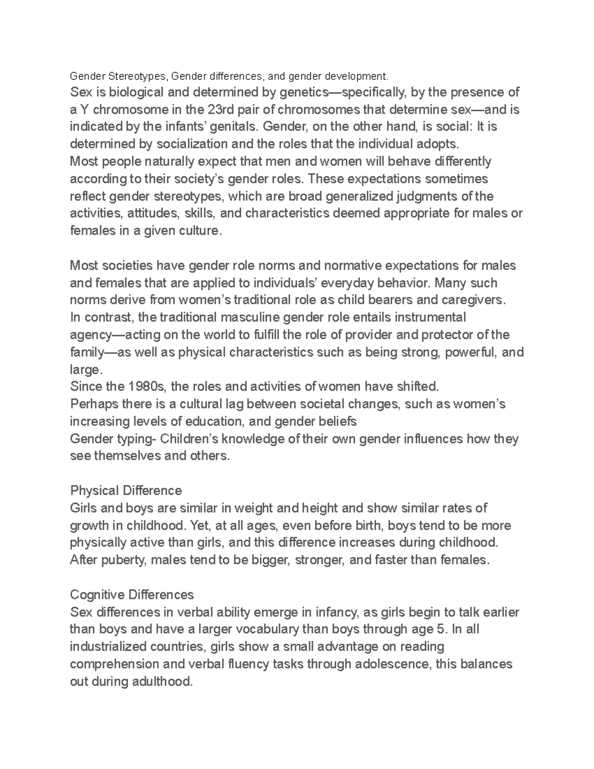 PSY 220 Chapter 13 - Gender Stereotypes, Gender differences, and gender ...