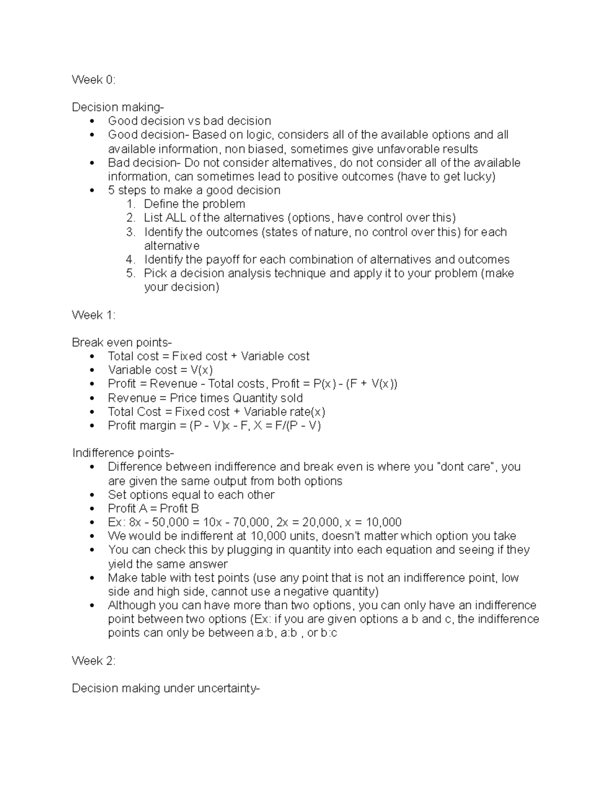 Business Analytics Midterm 1 Study Guide - Week 0: Decision Making ...