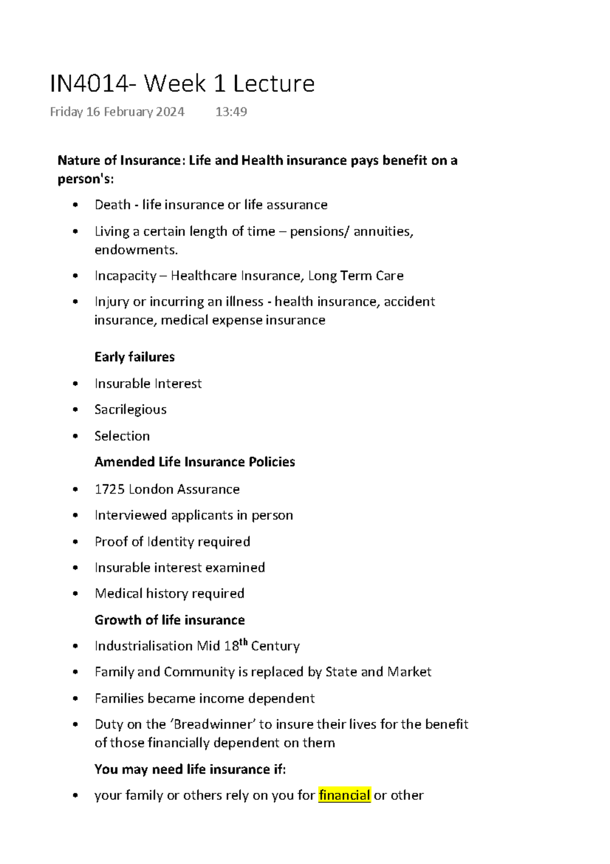 IN4014- Week 1 Lecture - notes - Nature of Insurance: Life and Health ...