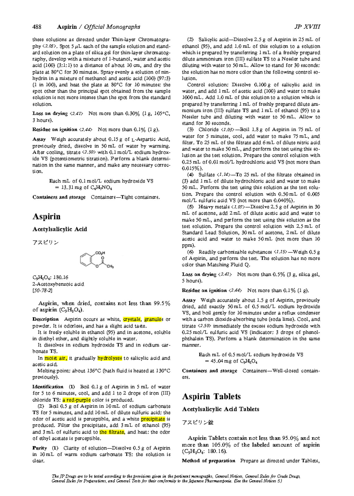 JP aspirin - 488488 Aspirin / Official Monographs JP XVIII The JP Drugs ...