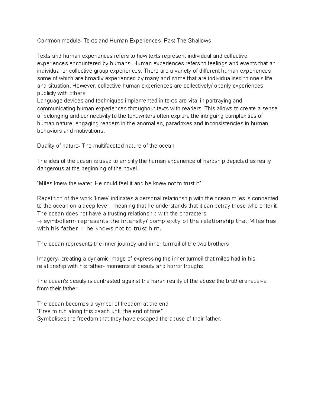 Common module Texts and Human Experiences Past The Shallows Human experiences refers to