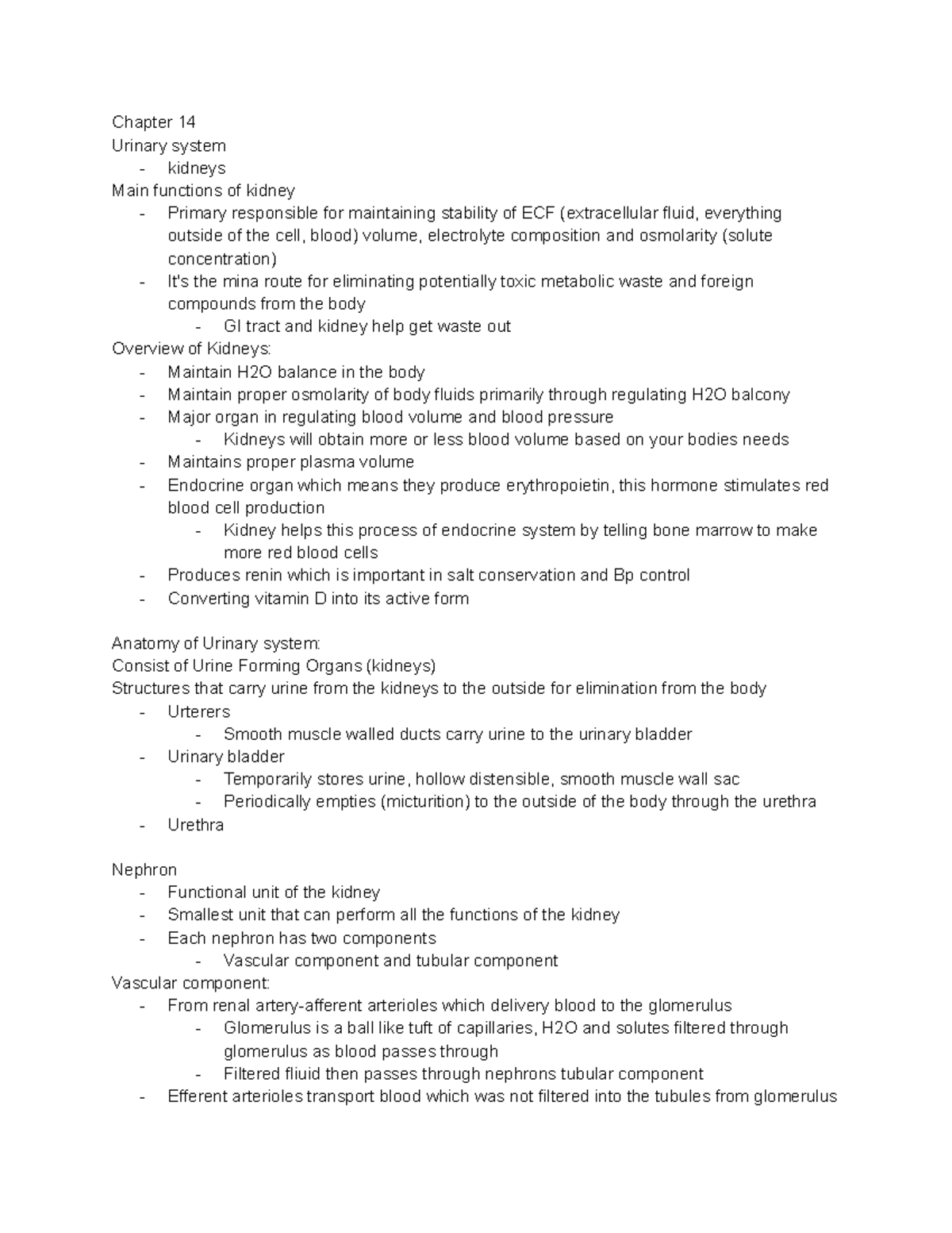Chapter 14 - Chapter 14 Urinary system - kidneys Main functions of ...