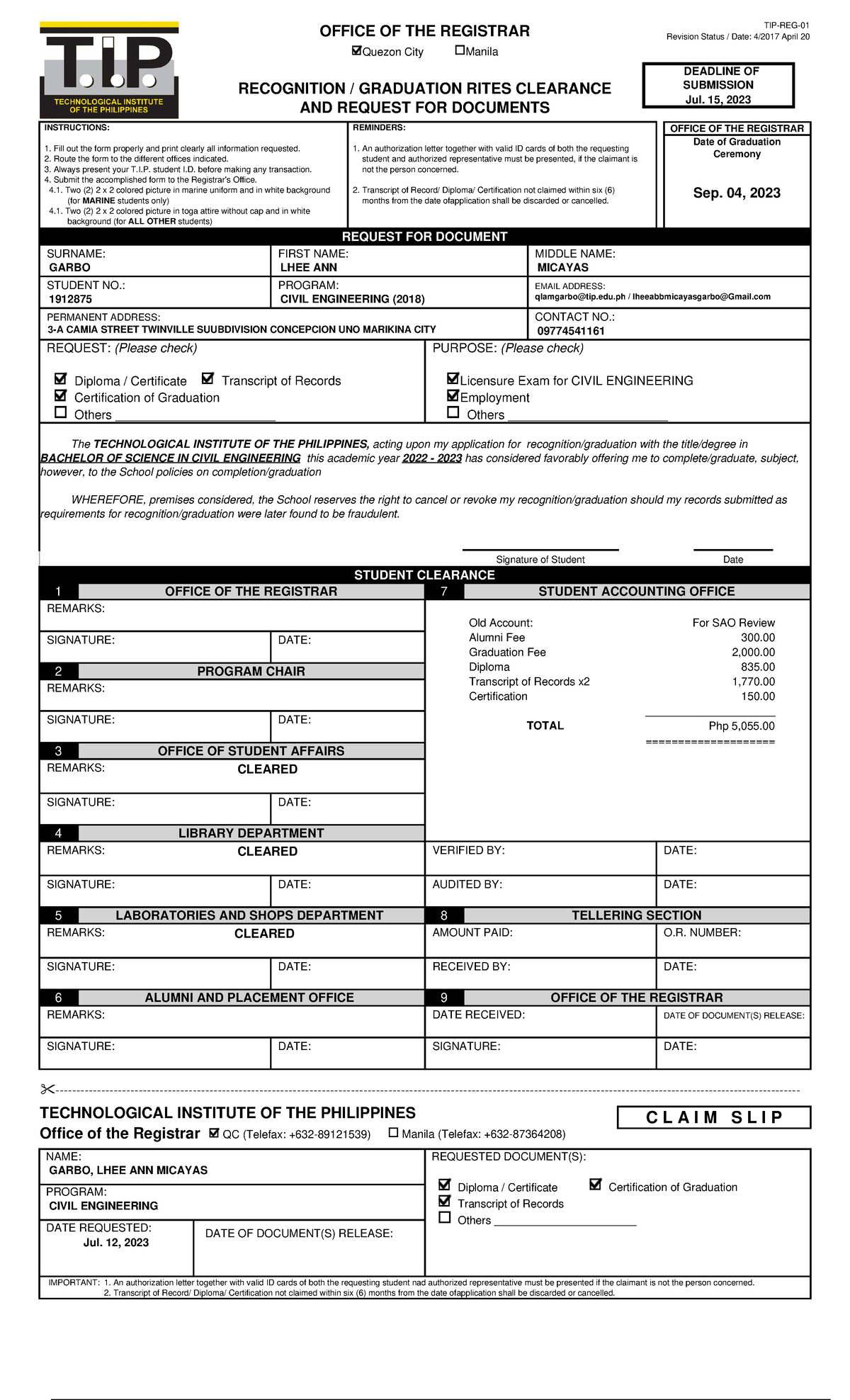 Clearance TIPREG OFFICE OF THE REGISTRAR Revision Status / Date 4/
