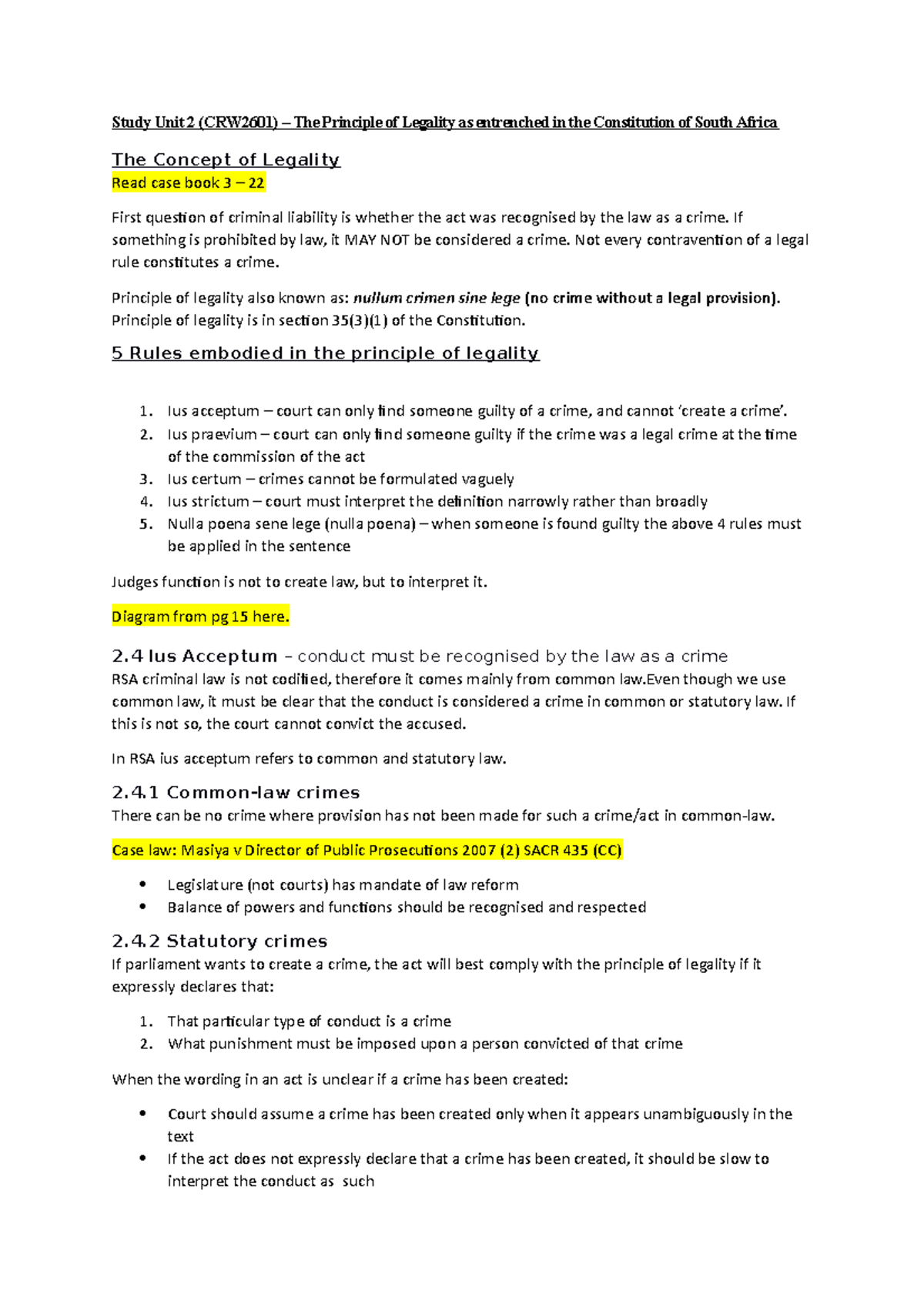 CRW2601 Study Unit 2 The Principle of Legality - Study Unit 2 (CRW2601 ...