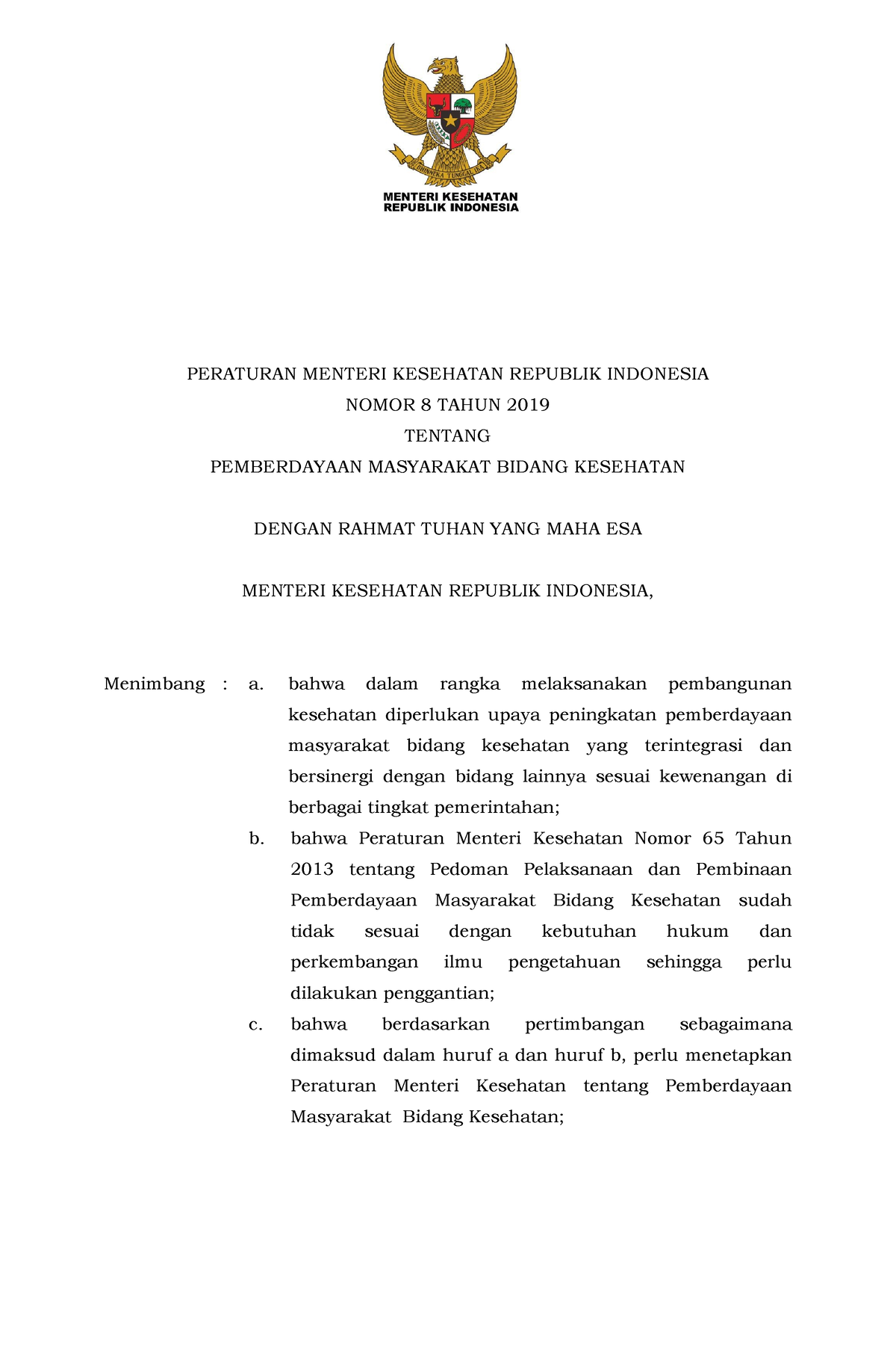 Permenkes Nomor 8 Tahun 2019 - PERATURAN MENTERI KESEHATAN REPUBLIK ...