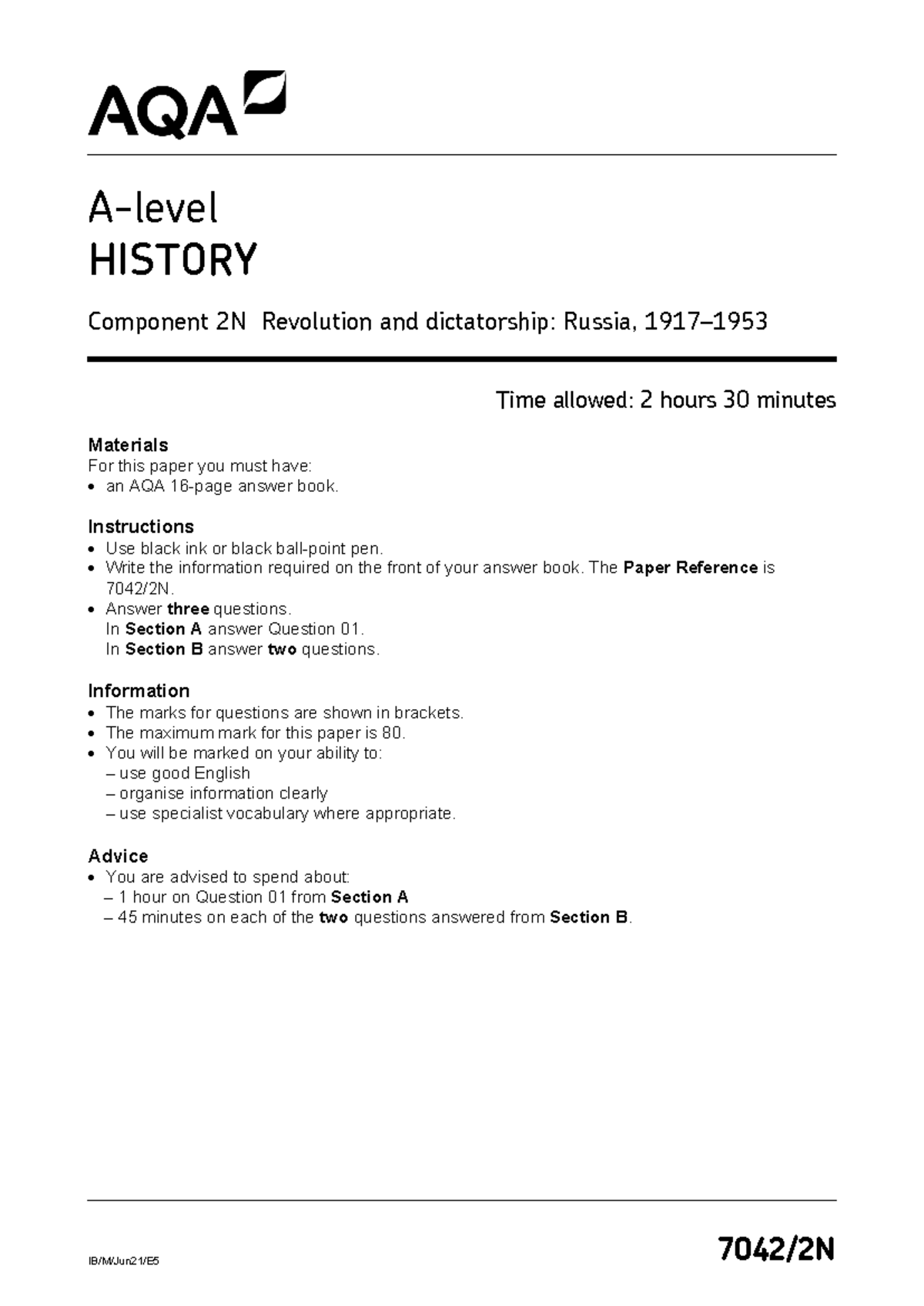 AQA 70422 N QP JUN21 CR - History - IB/M/Jun21/E 5 7042/2N A-level ...