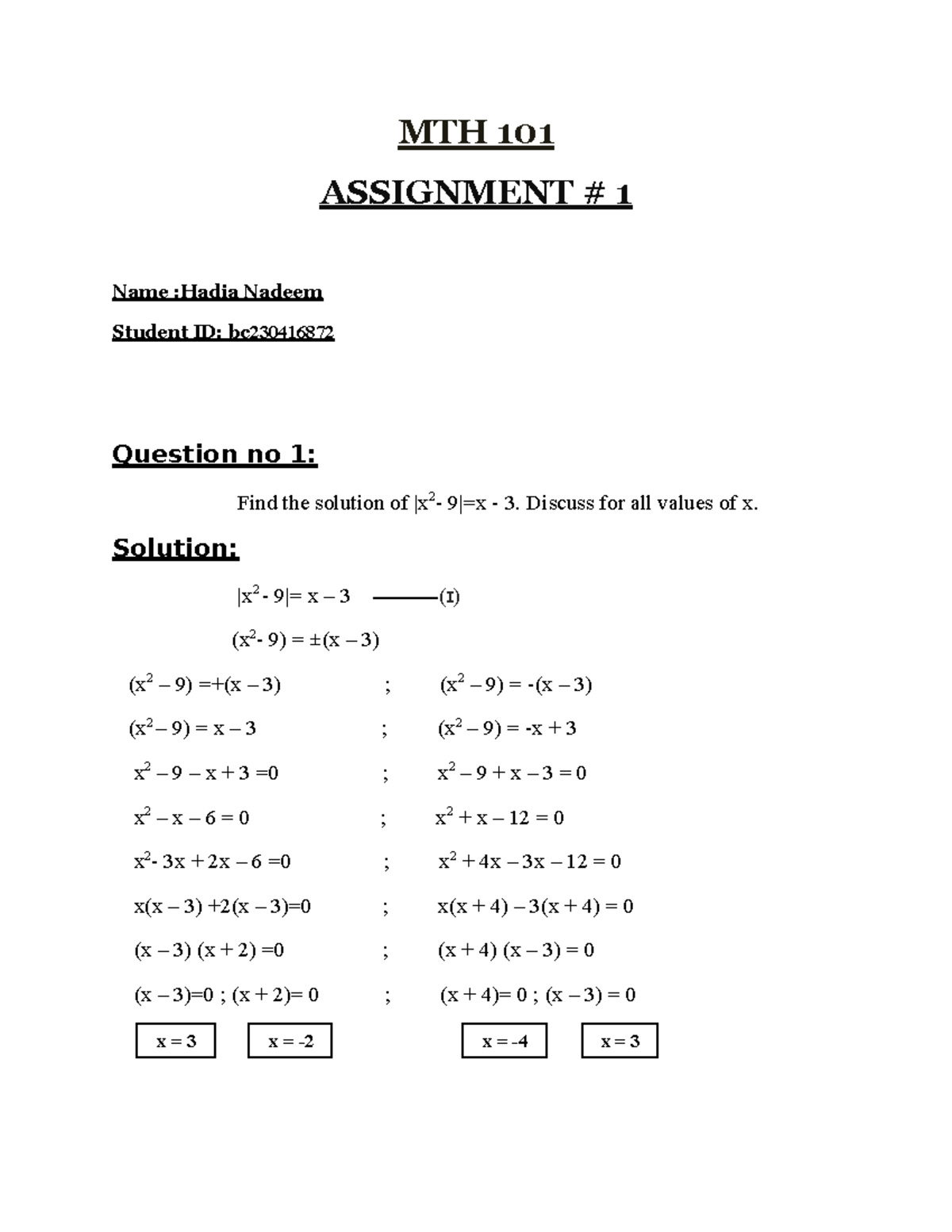 MTH 101 Assignment 1 Sol - MTH 101 ASSIGNMENT # 1 Name :Hadia Nadeem ...