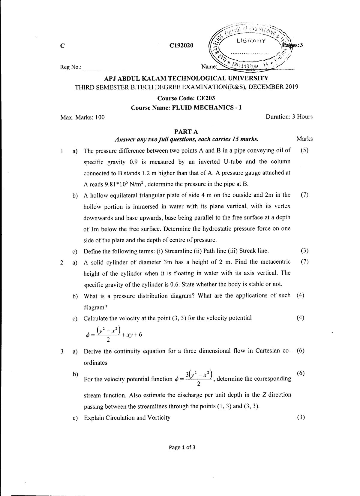 Ce203b Question paper Fluid mechanics and hydraulics Studocu