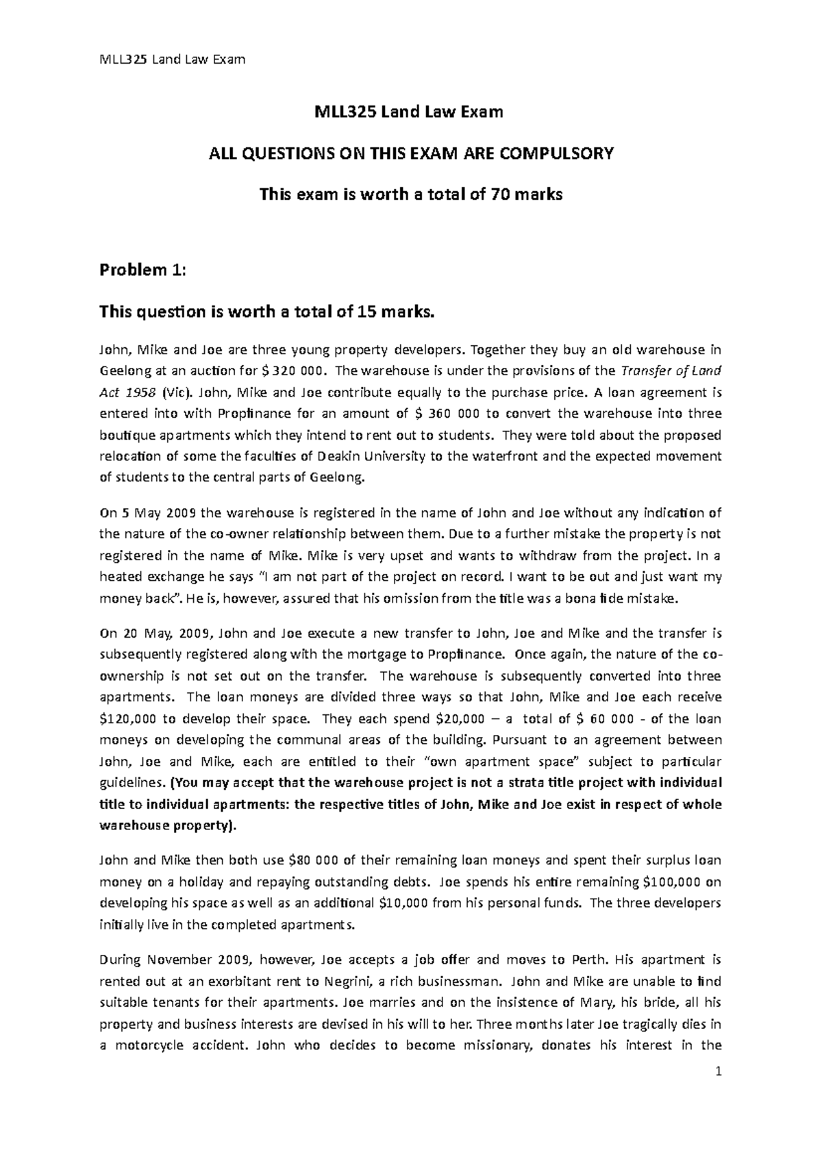 Exam 2017, questions and answers MLL325 Land Law Exam MLL325 Land Law