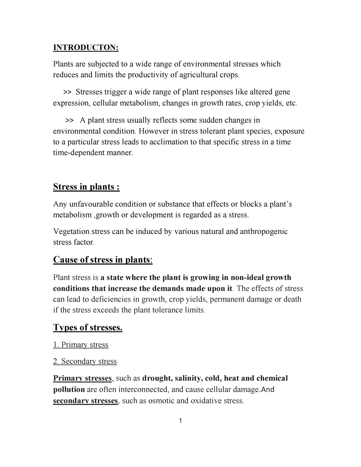 Environmental stresses on plants - INTRODUCTON: Plants are subjected to ...