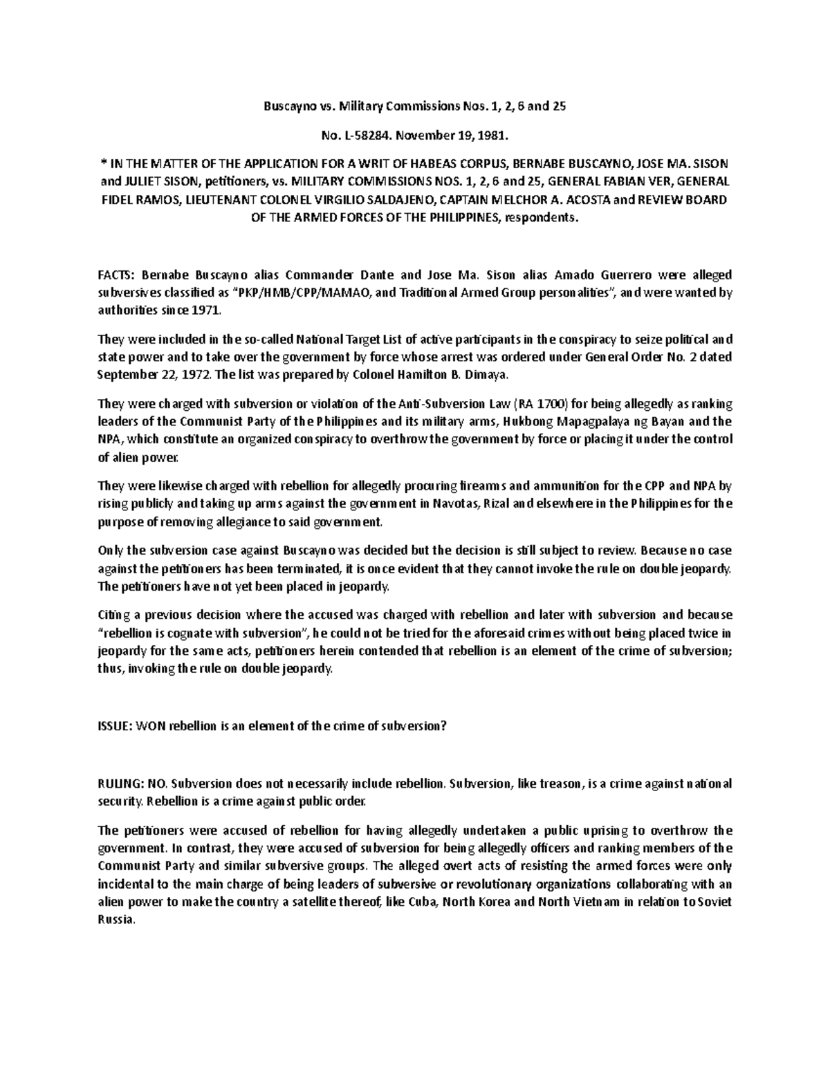 Art 134 to 134 A case digests - Buscayno vs. Military Commissions Nos ...