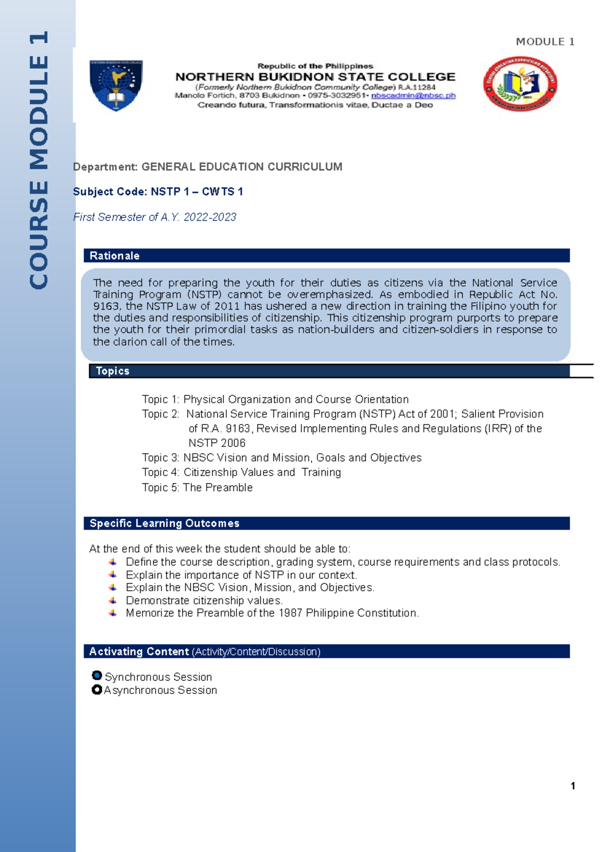 NSTP 1 CWTS 1 Module 1 Final - MODULE 1 Department: GENERAL EDUCATION ...